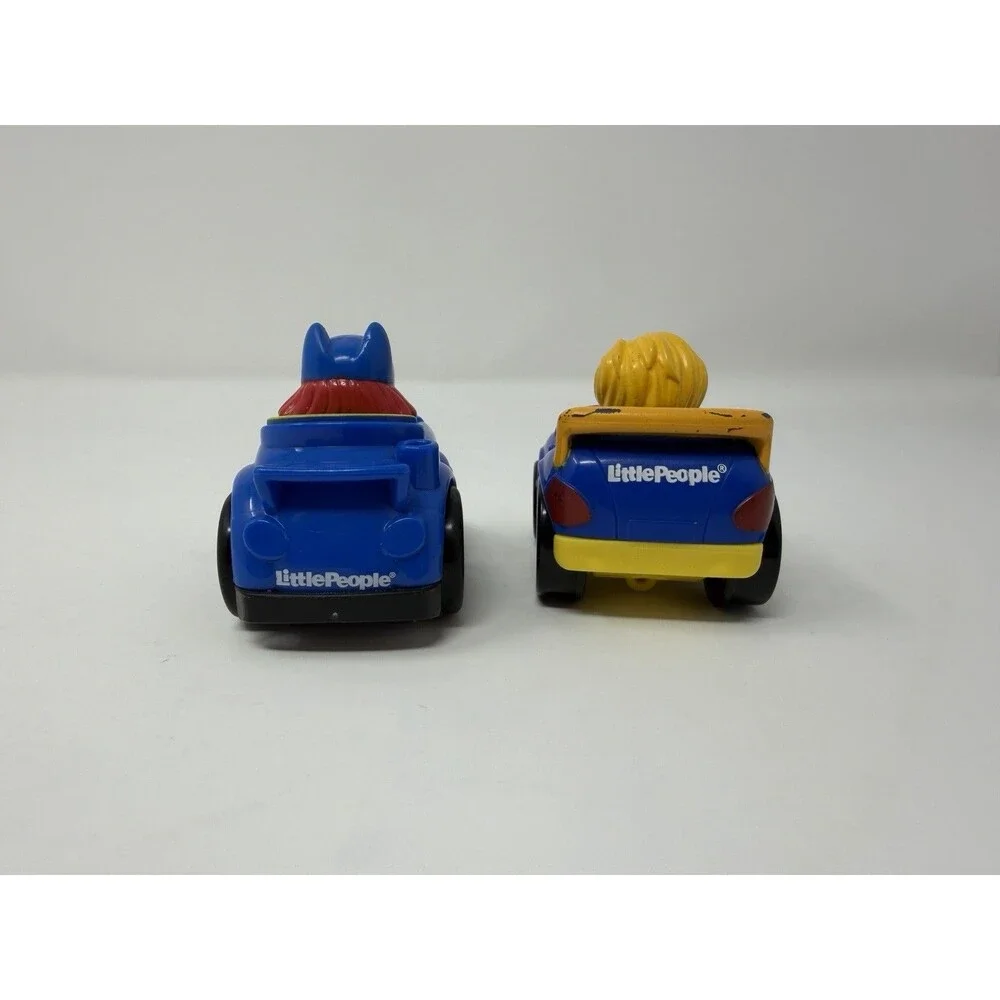 2 Fisher-Price Little People Wheelies DC Batgirl and Blonde Boy, Blue Cars